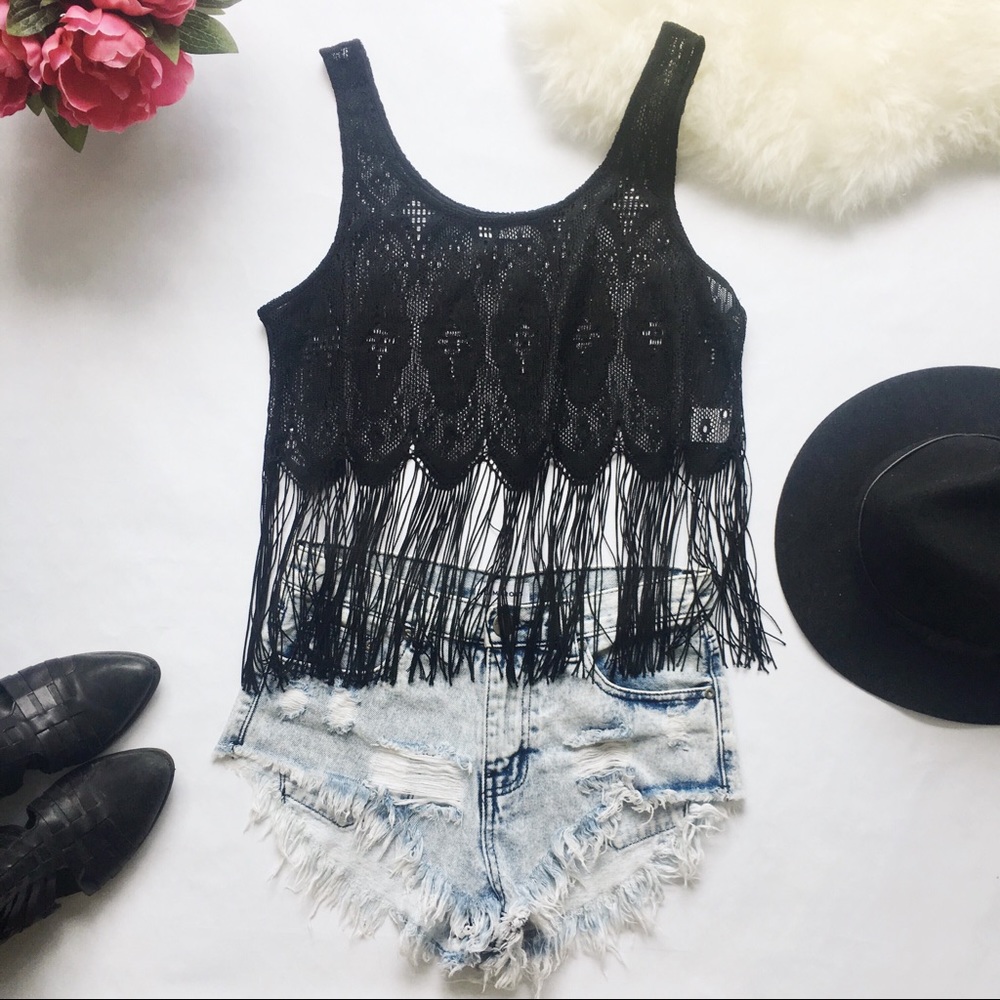 Tobi Black Fringe Lace Festival Crop Tank Top